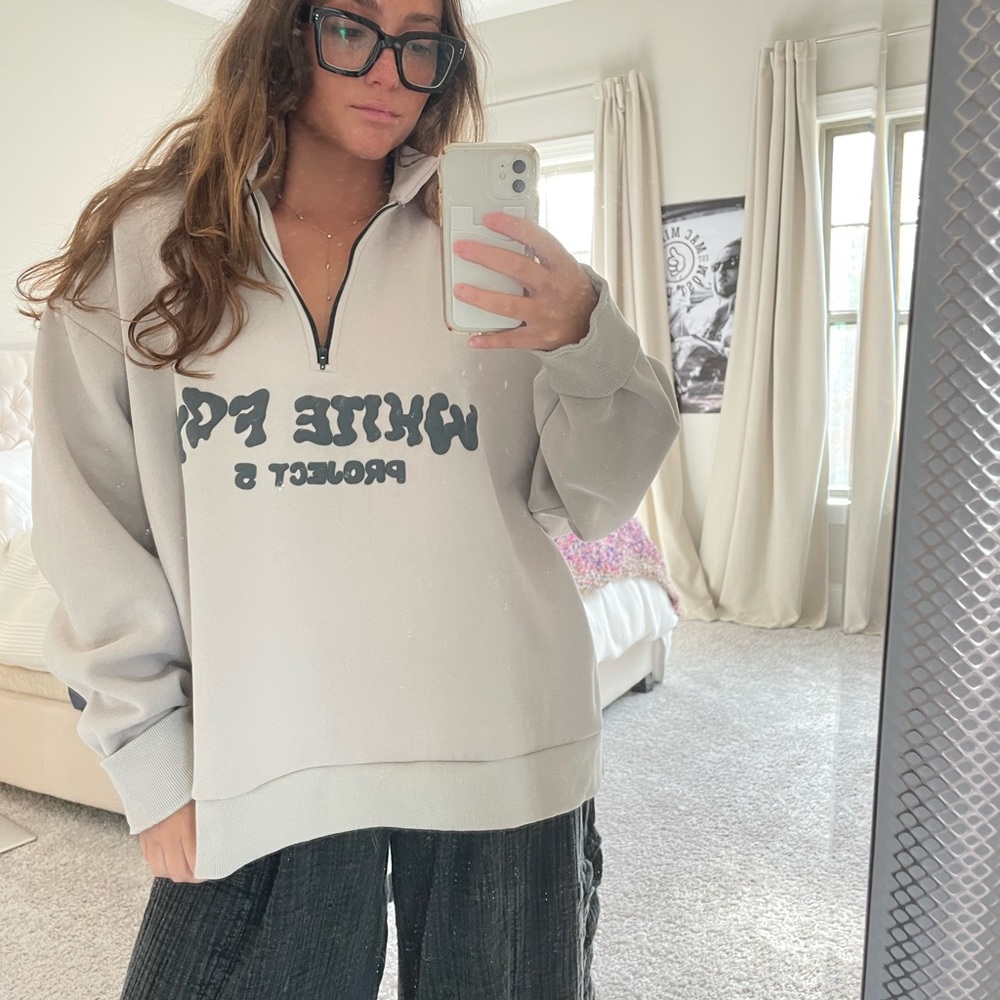 White Fox Project 5 Logo Quarter Zip in a taupey-grey.